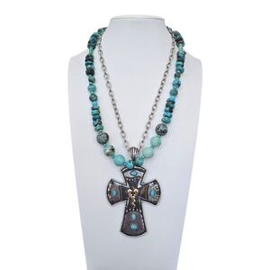 Southwestern Turquoise Bead Silvertone Metal Cross Necklace 2 Piece Bundle